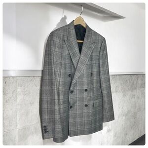 Reiss Gray Plaid Double-Breasted Blazer